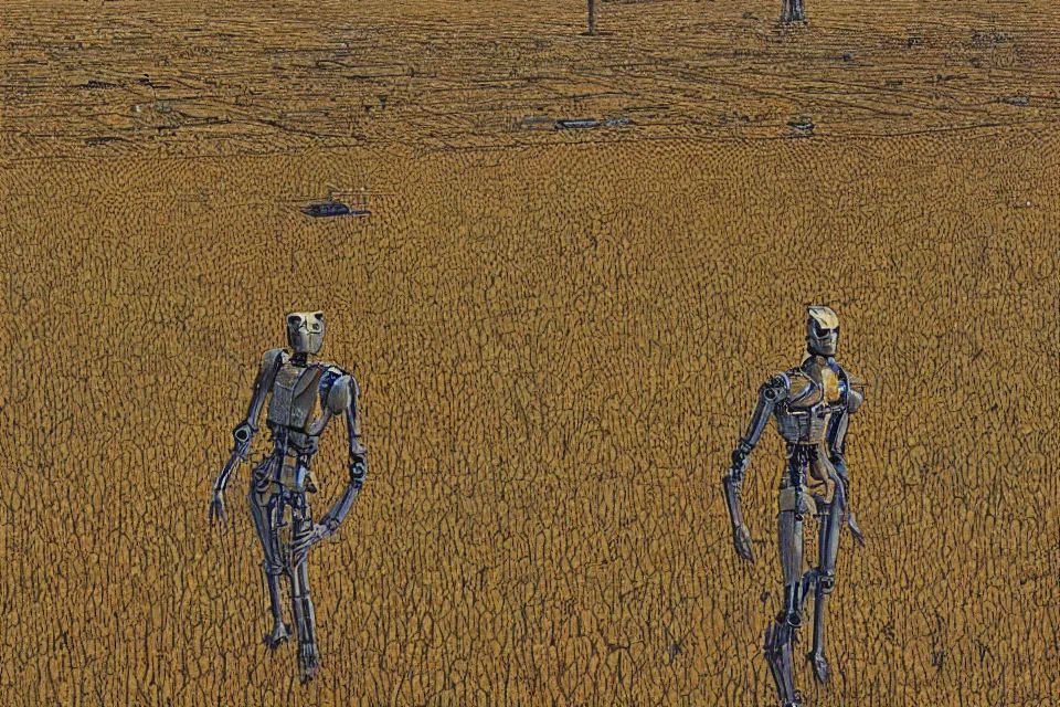 Image similar to sci-fi painting of a large alien city on the vast wheat fields, the closed back view of only one humanoid robot on the ground, by Moebius, godrays, detailed