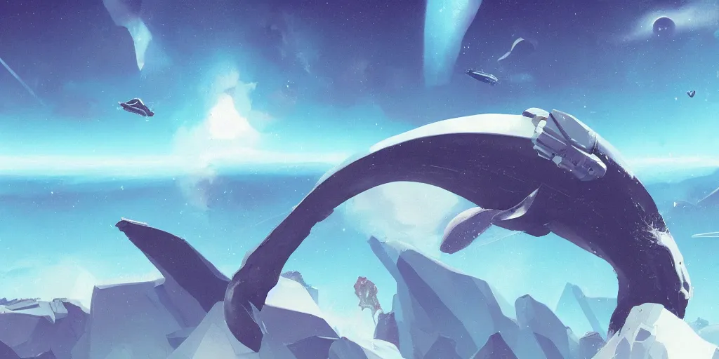 Image similar to no mans sky concept art of flying whale, space whale