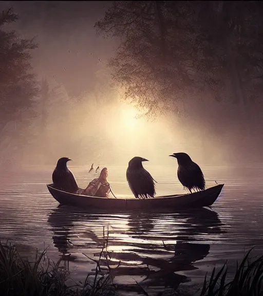 Image similar to three crows in a little boat in a swamp, volumetric lighting, majestic light, octane render, ethereal glare of the sun, hyperrealistic, epic, masterpiece, by greg rutkowski