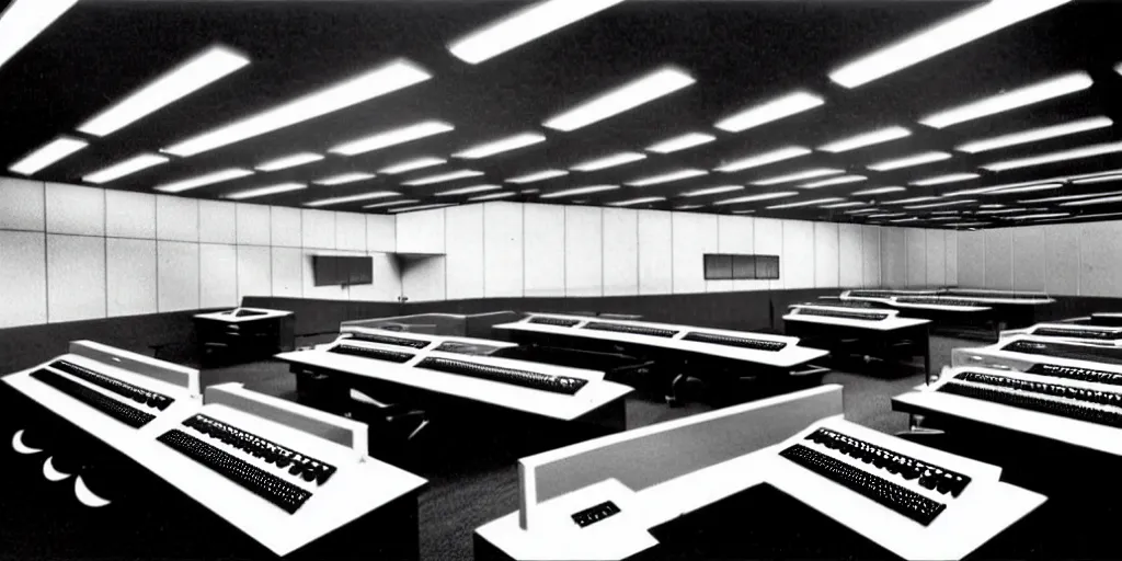 Image similar to a large 1970's computing room with 9-track machines and glowing screens. by IBM by Amdahl.