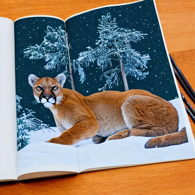 Image similar to colouring book showing 'a cougar sleeping in the middle of snowy pine tree' laying on coffee table, zoomed out shot, HD