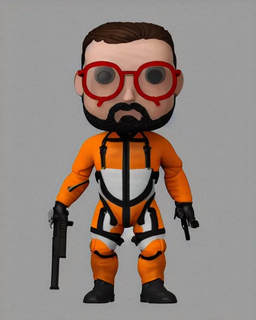 Image similar to full body 3d render of gordon freeman in his hev suit as a funko pop, studio lighting, white background, blender, trending on artstation, 8k, highly detailed