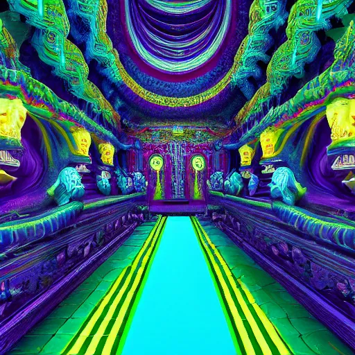 Image similar to Photorealistic inside a temple made of snakes. Hyperdetailed photorealism, 108 megapixels, amazing depth, glowing rich colors, powerful imagery, Psychedelic Overtones, Crisp, Clean image, mostly black purple and teal