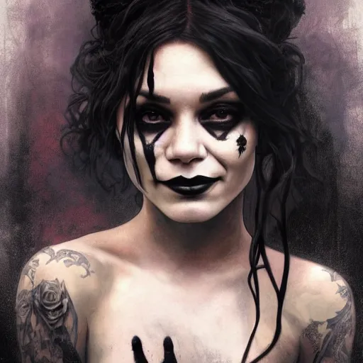 Image similar to beautiful portrait of vanessa hudgens as death from sandman, smiling, by cedric peyravernay, alphonse mucha, by jeremy mann, by lecouffe deharme, goth chic, soft lightning, eyeliner, punk rock, high detailed, 8 k