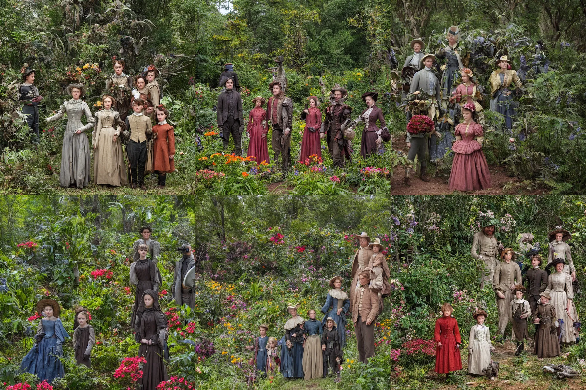 Prompt: sharp, highly detailed, 43456k film, 161800mm film still from a sci fi blockbuster color movie made in 2019, set in 1860, of a family standing in a park, next to some strange alien plants and flowers, on an alien planet, the family are all wearing 1860s era clothes, good lighting, ultra high definition, in focus, 35mm macro lens