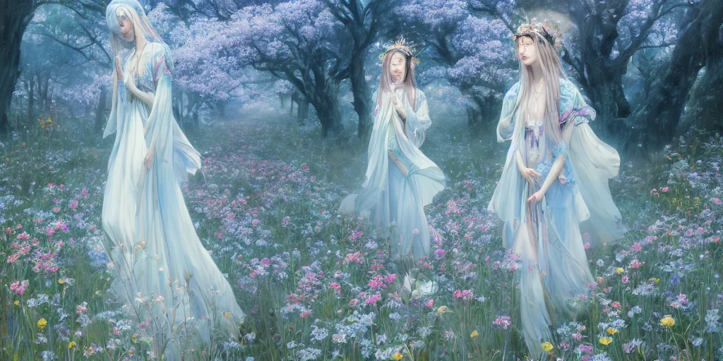 Image similar to breathtaking detailed concept art painting of walking in meadow goddesses of light blue flowers, orthodox saint, with anxious, piercing eyes, ornate background, amalgamation of leaves and flowers, by Hsiao-Ron Cheng, James jean, Miho Hirano, Hayao Miyazaki, extremely moody lighting, 8K