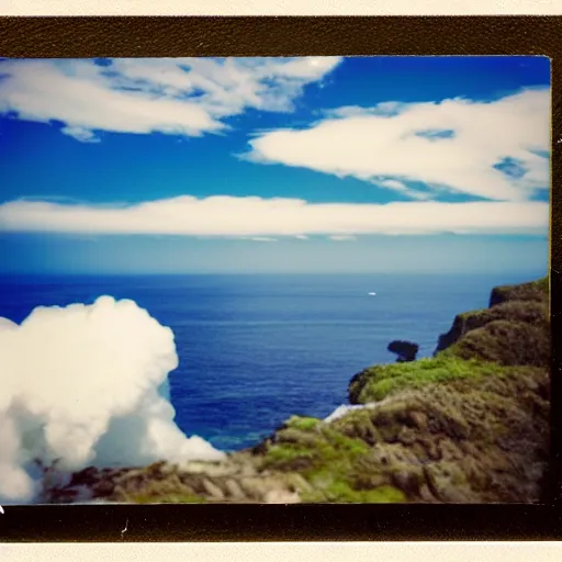 Image similar to micro - hurricane, blue hour, deep blue atmosphere, scattered islands, sea, ocean, royal blue sky, low pressure system, cloud with eye, very windy, late evening, distant hotel retreat on cliffside, polaroid photograph