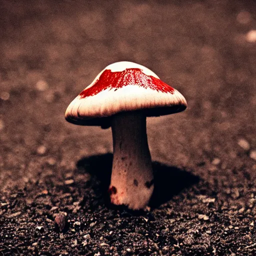 Image similar to macro photo with a mushroom character with cute eyes, drawn in detail