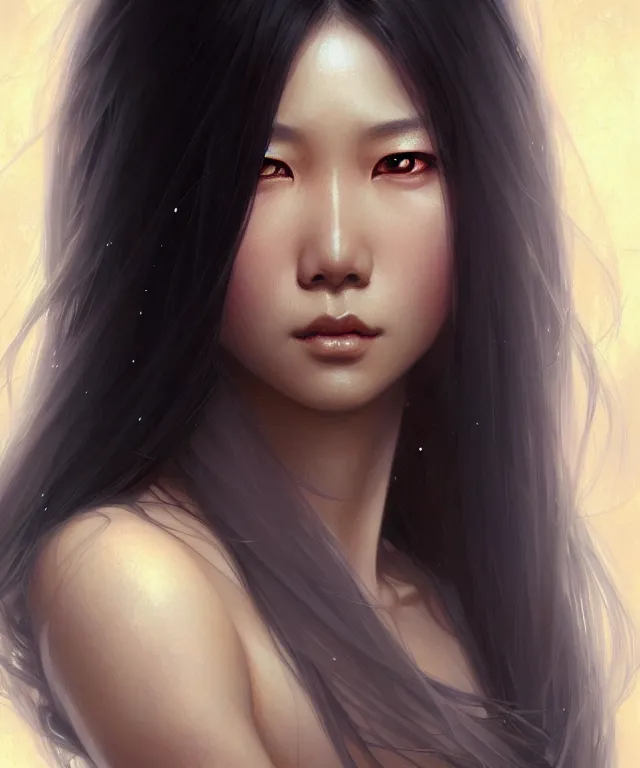 Image similar to Asian woman portrait, sci-fi, amber eyes, face, long hair, fantasy, intricate, elegant, highly detailed, digital painting, artstation, concept art, smooth, sharp focus, illustration, art by artgerm and greg rutkowski and alphonse mucha