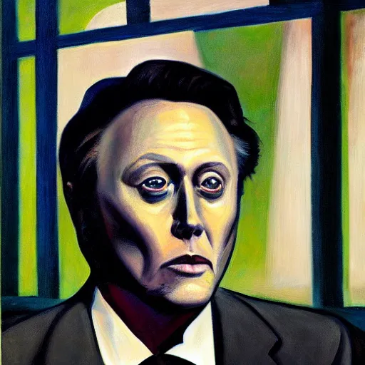 Prompt: christopher walken, portrait, dystopian, pj crook, edward hopper, oil on canvas