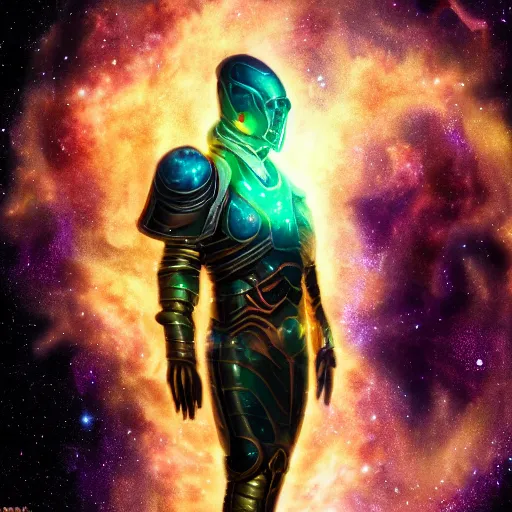 Image similar to photorealistic fantasy cosmic concept art of a cosmic god with armor made out of planets and dark matter, hovering in a unknown galaxy, fully body portrait, cinematic, dynamic lighting, ultra detailed, creative, trending on art station, creative