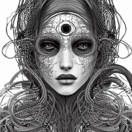 Prompt: woman_integrating_with_technology_full_face_insipiring_detailed_intricate_ornate_cables_connected_to_head_big_open_electric_eyes by android jones