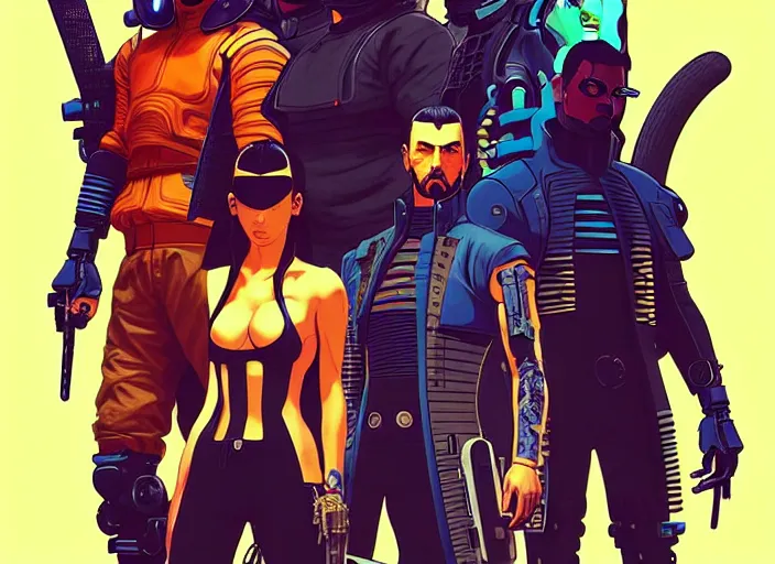 Image similar to cyberpunk samurai team. portrait by stonehouse and mœbius and will eisner and gil elvgren and pixar. character design. realistic proportions. cyberpunk 2 0 7 7 character art, blade runner 2 0 4 9 concept art. cel shading. attractive face. thick lines. the team. diverse characters. artstationhq.