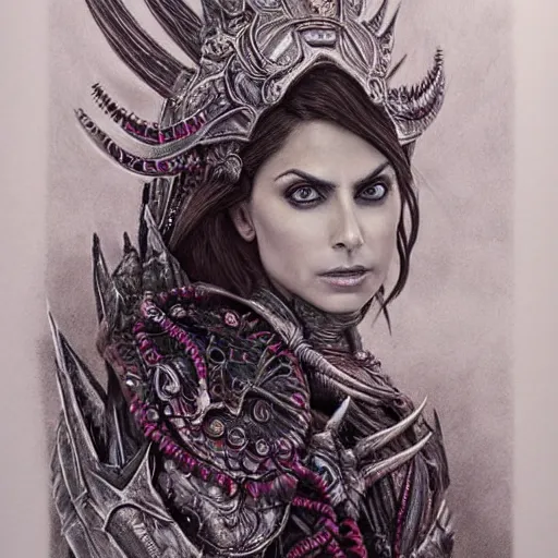 Prompt: hyper realistic pencil drawing of Morena Baccarin as a eldritch queen, intricate detail, beautiful, battle armor, war, fight, light, dragon, colorful by anna dittmann