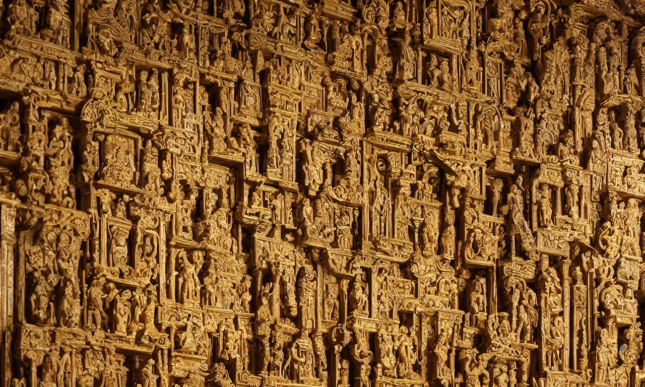 Prompt: giovanna pillaca inside el retablo digital architectural sculptural interior, contains iconographic and inca statues in gold, visually satisfying architecture render