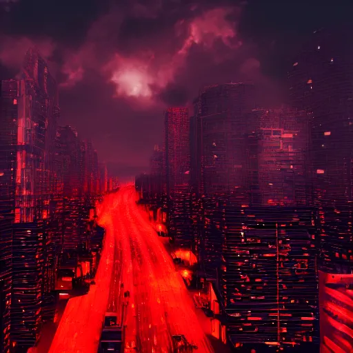 Prompt: city on fire at night, people wearing black clothes, sky is red, 4k, photorealistic