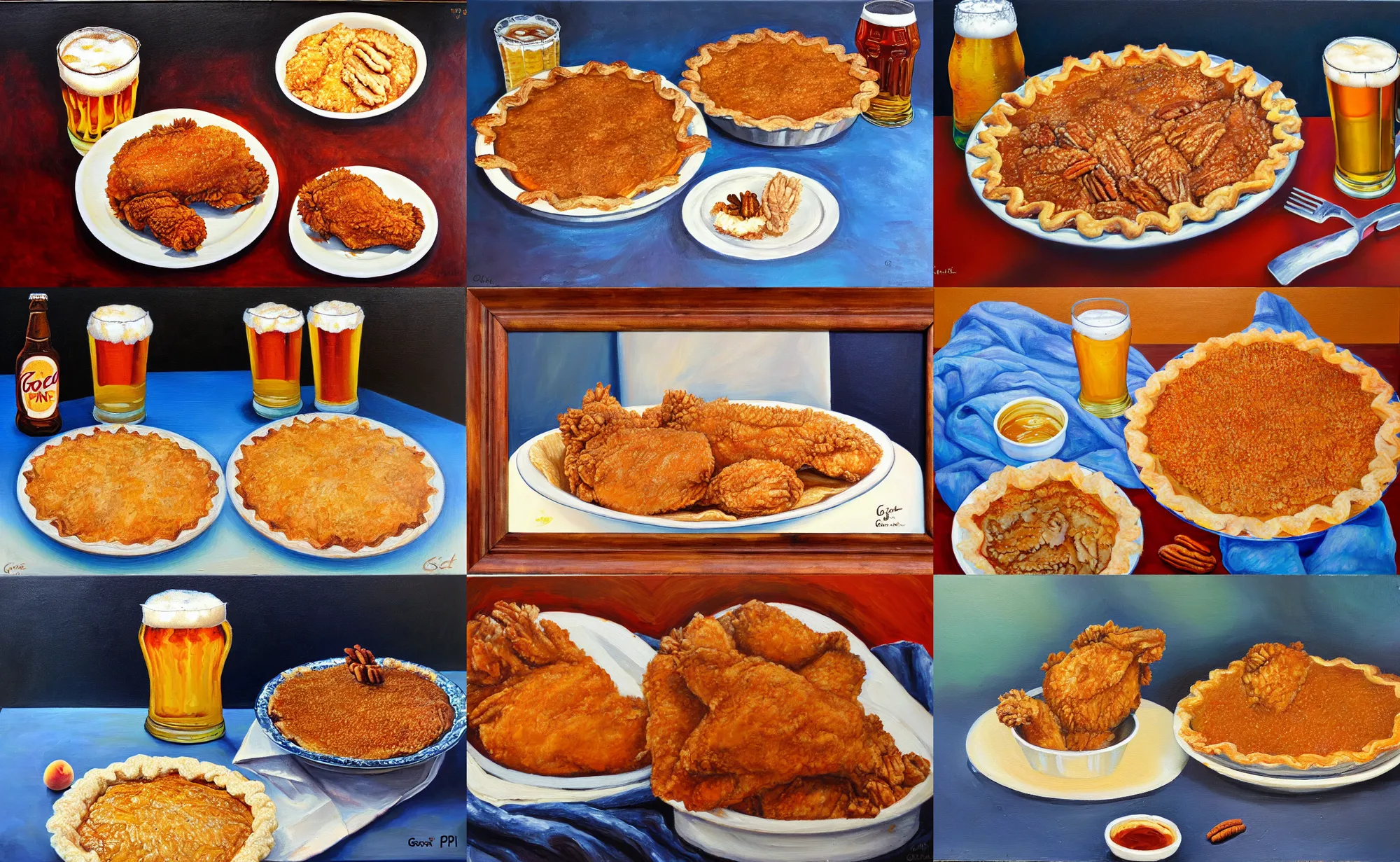 Prompt: fried chicken, cold beer, pair of jeans, georgia pine, georgia peach, pecan pie, oil on canvas