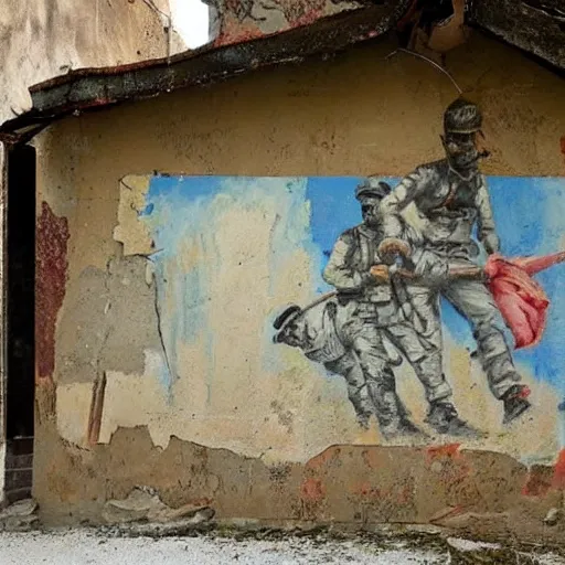 Prompt: fantastic painting intact on wall of a dilapidated war torn house