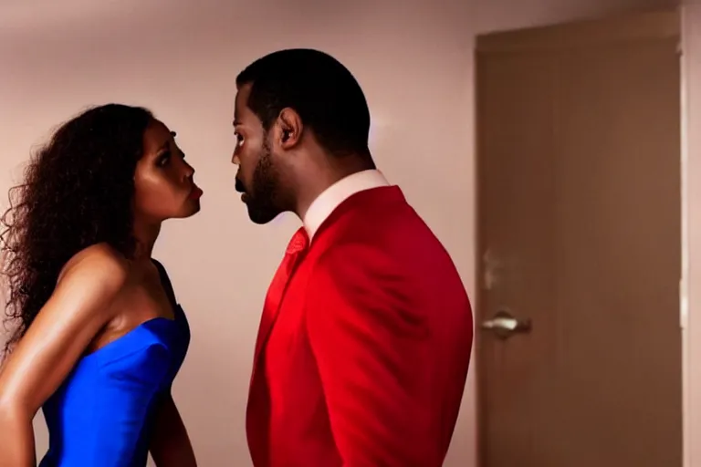 Image similar to full body film still of a man longingly looking at a woman in a red dress as a woman in a blue dress looks disgusted at the man in the new romance comedy movie, dramatic angle, dramatic lighting, meme