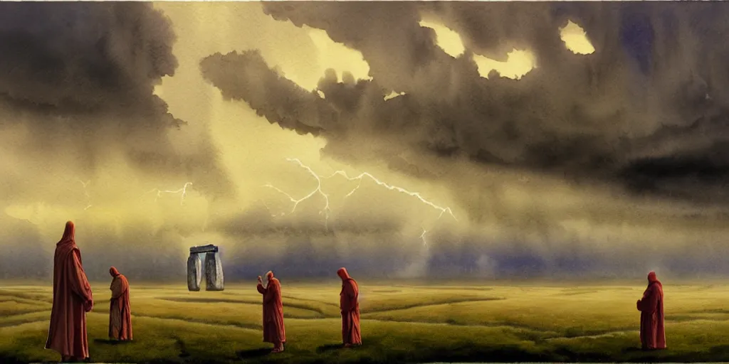 Image similar to a hyperrealist watercolor concept art of a giant ufo in the sky above stonehenge during a thunderstorm. a medieval monk in grey robes is in the foreground. golden hour. very muted colors, by rebecca guay, michael kaluta, charles vess. high detail, hq, wide shot, 4 k