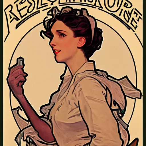 Image similar to a portrait of Rosie the riveter by Alphonse Mucha, art nouveau card, concept art, wlop, trending on artstation, 8k