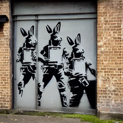 Image similar to photo of banksy graffiti depicting rabbits dressed as riot police