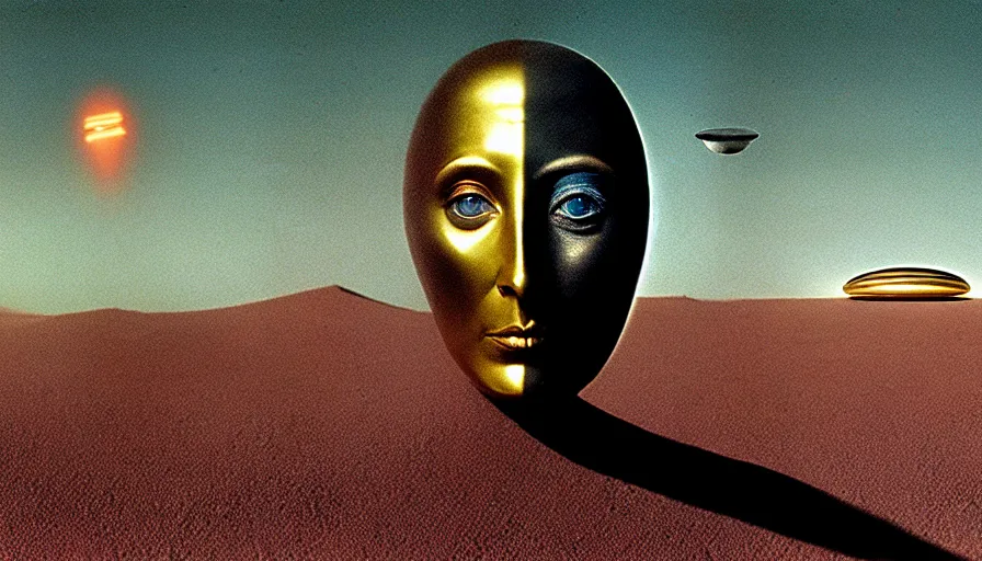 Image similar to glowing bene gesserit in full - face golden glowing mask meet salvador dali in a black rocky desert landscape with alienabandoned city beneath the sand and giant alien spaceship in the sky attacks the earth by christopher doyle and alejandro jodorowsky, anamorphic lens, kodakchrome, cinematic composition, very detailed photo, 8 k,