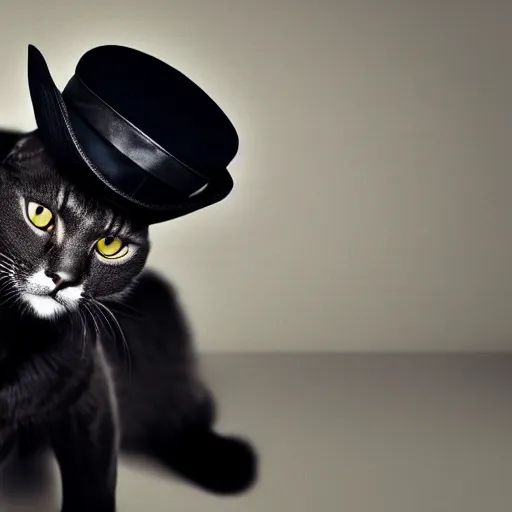 Image similar to a cat gentleman wearing a black leather hat, frontal view, cool looking