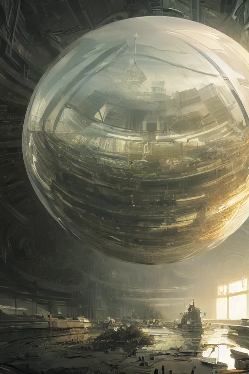 Image similar to magnificent clean and well-lit sci-fi spherical building, intricate, elegant, volumetric lighting, digital painting, highly detailed, artstation, sharp focus, sunny day, utopia, open space, illustration, concept art, ruan jia, steve mccurry