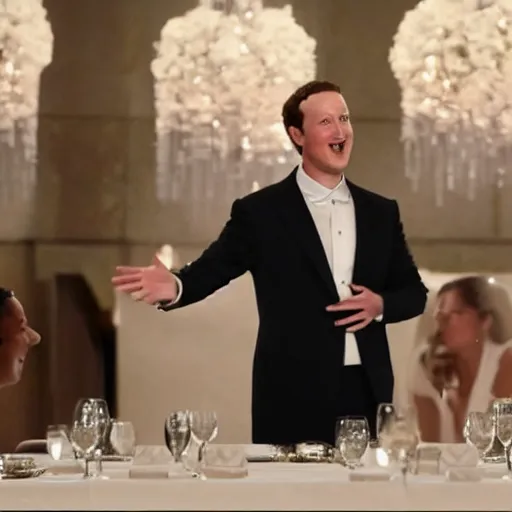 Prompt: mark zuckerburg as the waiter in elon musk's wedding, realistic, cinematic, 4k,