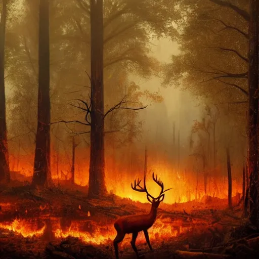 Prompt: a forest in a extreme fallout, with radioactive rain and flames everywhere, a deer is in the middle of the scenery by greg rutkowski, 4 k, realistic oil painting