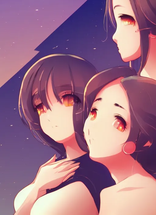 Image similar to two beautiful mothers sitting on a hot summer evening, gorgeous faces, thick lines, cinematic lighting, detailed anime art