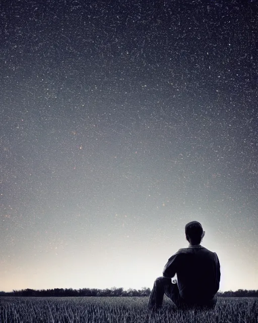 Prompt: man sitting in a huge field star filled night sky, crewdson, gregory, wide angle, surreal