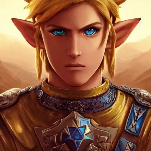 Image similar to front centered symmetrical RPG avatar portrait, Link legend of zelda as a young knight, blonde hair, ornate armour, dramatic lighting, cinematic, establishing shot, high detail, cinematic lighting, post processed, 8k, concept art, artstation, matte painting, in the style of eddie mendoza, raphael lacoste, alex ross
