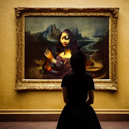 Image similar to shot from a distance, full room view, renaissance, rococo, manga, tonal, young lady, thin, dark hair, wearing flowing long dress, flowers, viewing the mona lisa painting inside the lourve