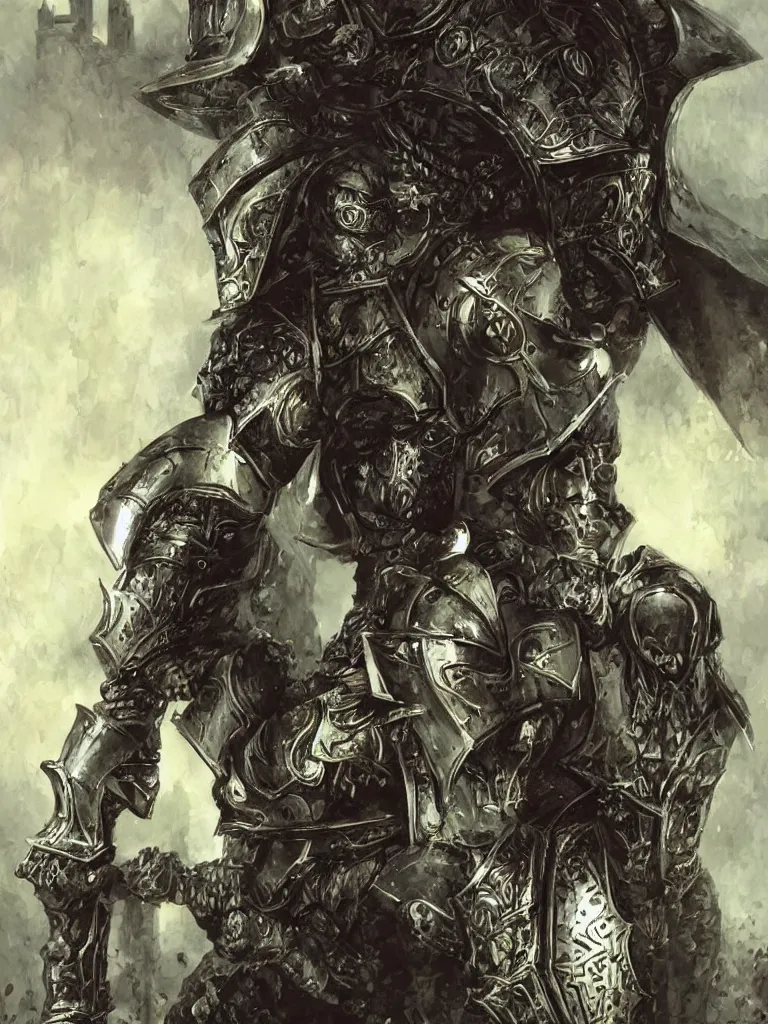 Image similar to a very large and heavy female knight with dark iron armor and helmet | dark fantasy | in a ruined castle | Dorian Cleavenger |