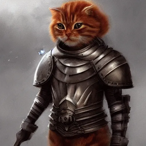 Prompt: cute ginger cat wearing medieval suit of armor, illustration, concept art, art by wlop, dark, moody, dramatic