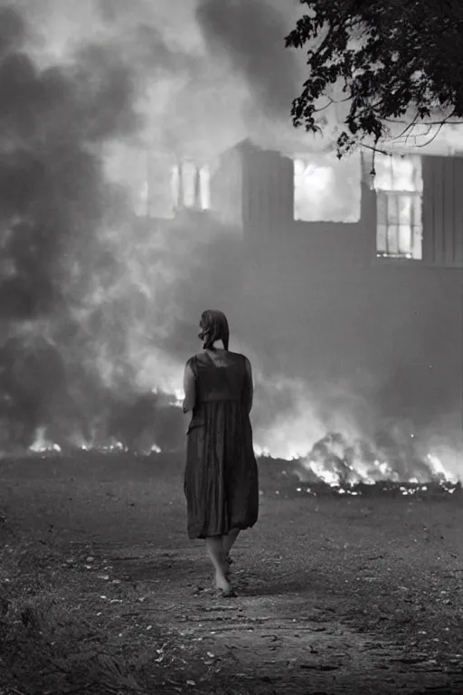 Prompt: Gregory Crewdson Phography, A woman walks calmly while her house is on fire