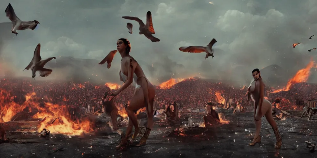 Image similar to realistic cinematic views of a orwellian propaganda festival with fires in the background and dead seagulls falling from the sky in front of the main stage worshipping a large statue of kim kardashian, hyper detailed, terror glows, hyper realistic, digital painting, 8 k, 3 5 mm film grain, octane render