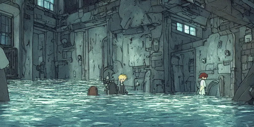 Prompt: realistic interior shot from howl's moving castle ( 2 0 0 4 ) of a time portal in a crumbling flooded desert prison, cartoon, depth of field