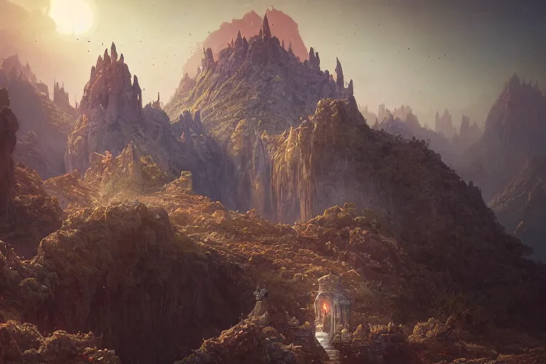 Image similar to single small fantasy castle, highly detailed, oon a barren landscap, volcanoe in background with lavaflows in the foreground, illustrated by Greg Rutkowski and Gaston Bussiere, 35mm lens, beautiful macro close-up imagery, lush lighting, beautiful volumetric-lighting-style atmosphere