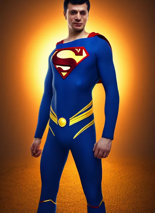 Image similar to volodymyr zelenskyy, ukrainian superman, ukrainian national clothes, portrait of young man, remove s on body and put u, 8 k ultra realistic, lens flare, atmosphere, glow, detailed, intricate, full of colour, led lighting, 4 k, hyperrealistic, focused, extreme details, unreal engine 5, masterpiece