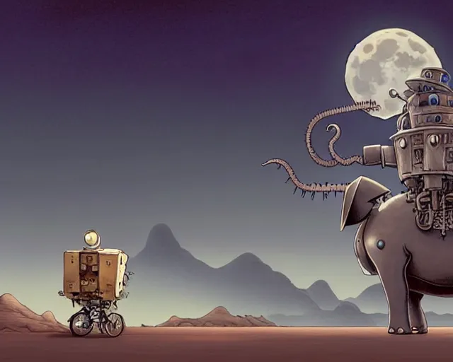 Image similar to a cell shaded cartoon grey lovecraftian mechanized elephant from howl's moving castle ( 2 0 0 4 ), with a big head, on a desert road, wide shot, in front of a big moon, muted colors, post grunge, josan gonzales, wlop, by james jean, victor ngai, hq, deviantart, art by artgem