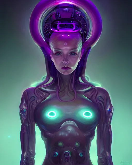 Prompt: one singular portrait of a cute bioluminescent alien queen, highly detailed, digital painting, moody cinematic lighting, hyperrealism, dark retrowave, art by stanley lau and artgerm and magali villeneuve and alphonse mucha, artstation, octane render, cgsociety