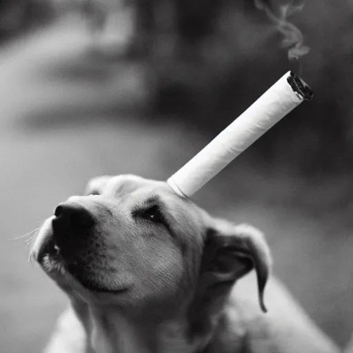 Image similar to a photograph of a dog with a cigarette in its mouth, low depth of field