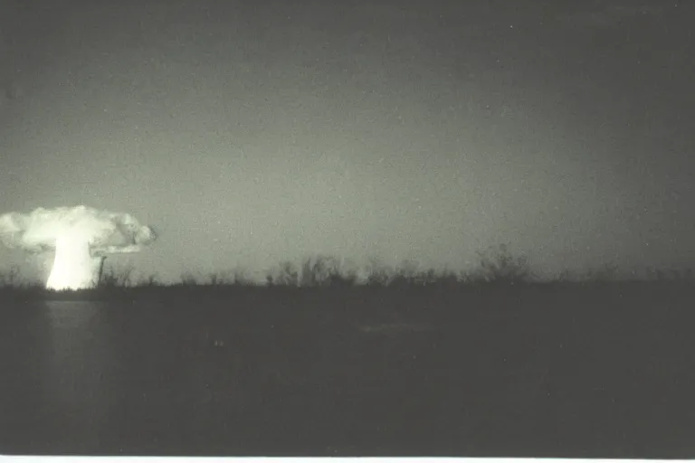 Prompt: old polaroid of a nuclear explosion in the louisiana swamps, people screaming