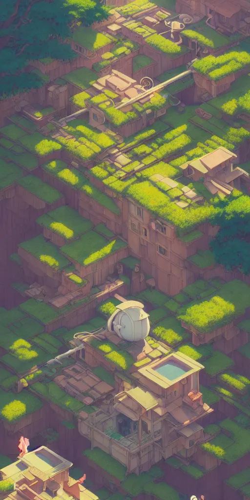 Image similar to highly detailed vfx isometric landscape of studio ghibli, stephen bliss, unreal engine, greg rutkowski, loish, rhads, beeple, makoto shinkai and lois van baarle, ilya kuvshinov, rossdraws, tom bagshaw, alphonse mucha, global illumination, detailed and intricate environment