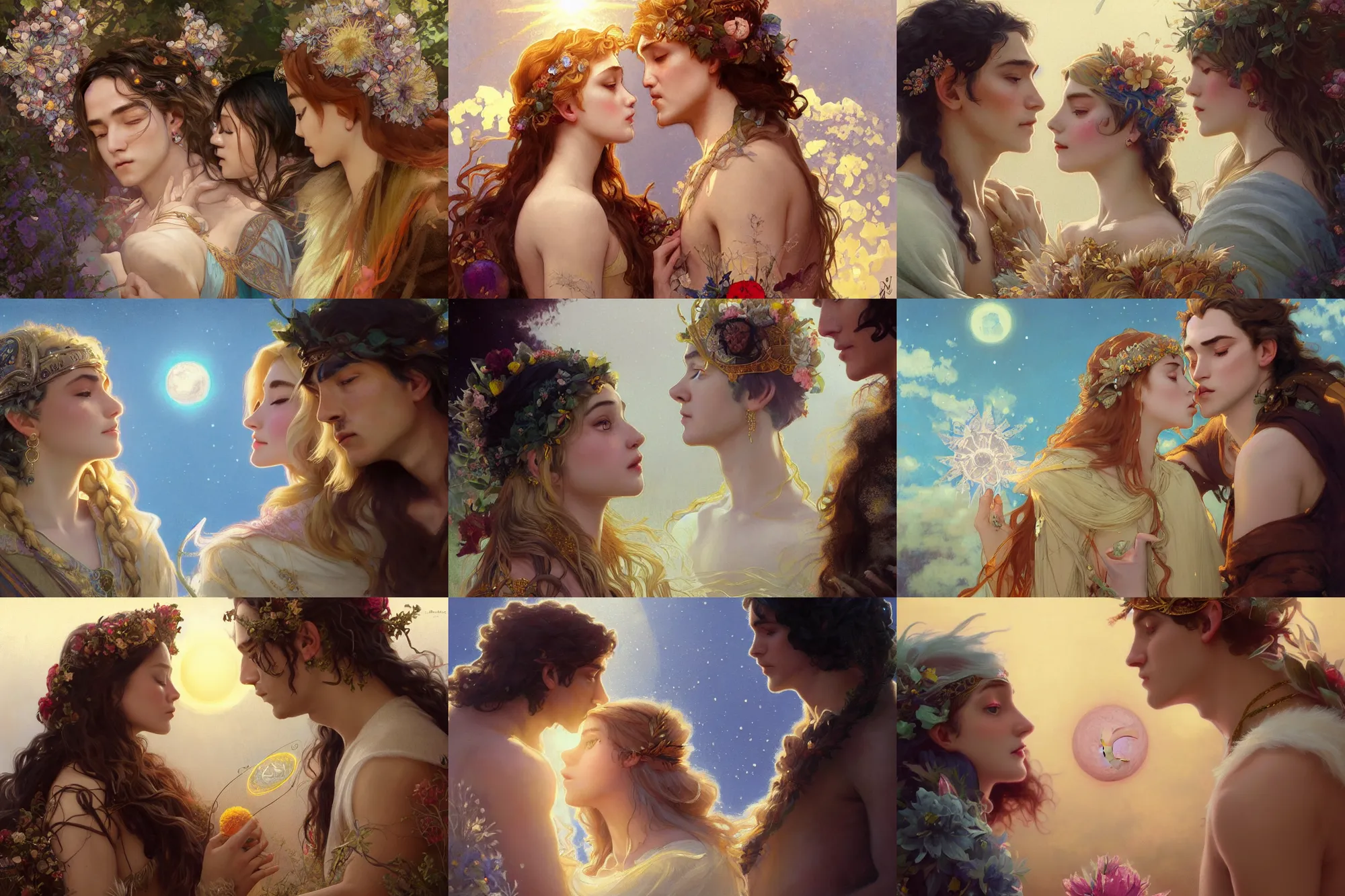 Prompt: a cinematic tender beautifully close up moment of a young sun god and moon goddess magician lovers facing each other, portrait, goodbye wearing boho sunhat with peonies, Frozen Klaus film, elegant, digital painting, artstation, concept art, illustration, Frozen II art masterpiece by art by Krenz Cushart, Artem Demura, alphonse mucha, yoji shinkawa, ArtGerm, Jon Lothian, Danilo Torres, Adi Meyers, Thomas Reimann, Gaston Bussiere