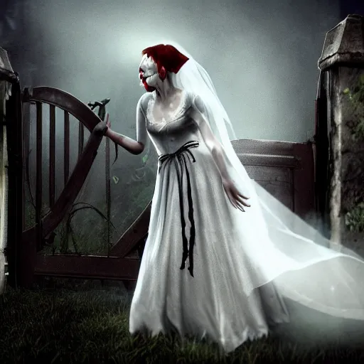 Image similar to a zombie bride with flowing dress and veil at the gate of a decrepit house, night, mist, smoke, scary, spooky, dramatic lighting, moody, style of edgar allen poe, bernie wrightson, octane render