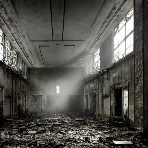 Prompt: abandoned hospital in the woods, dark, moody, gloomy, by Gregory Crewdson,